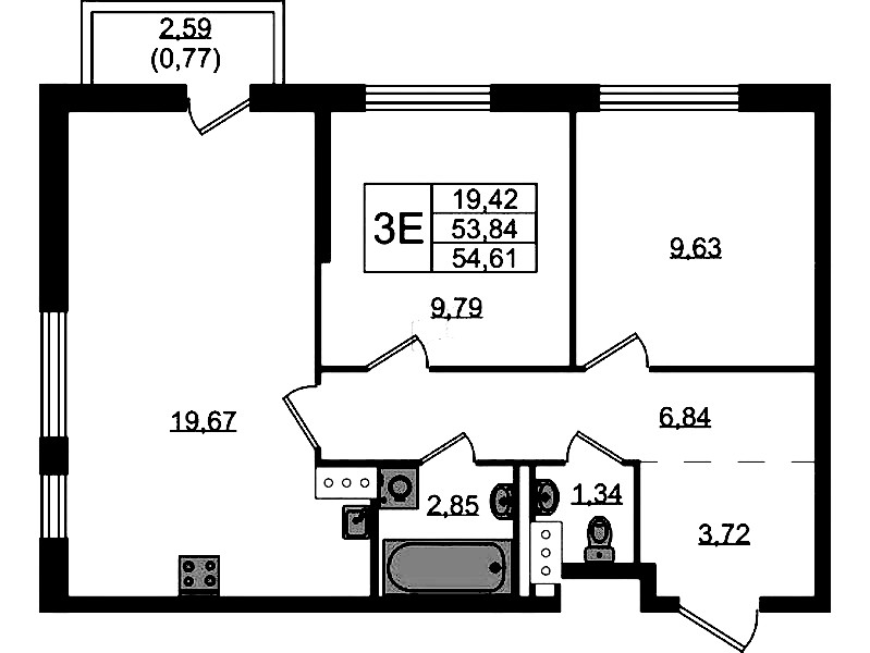 2-комнатная квартира 54.61 м², 5/13 эт., ЖК «Квартал Торики»